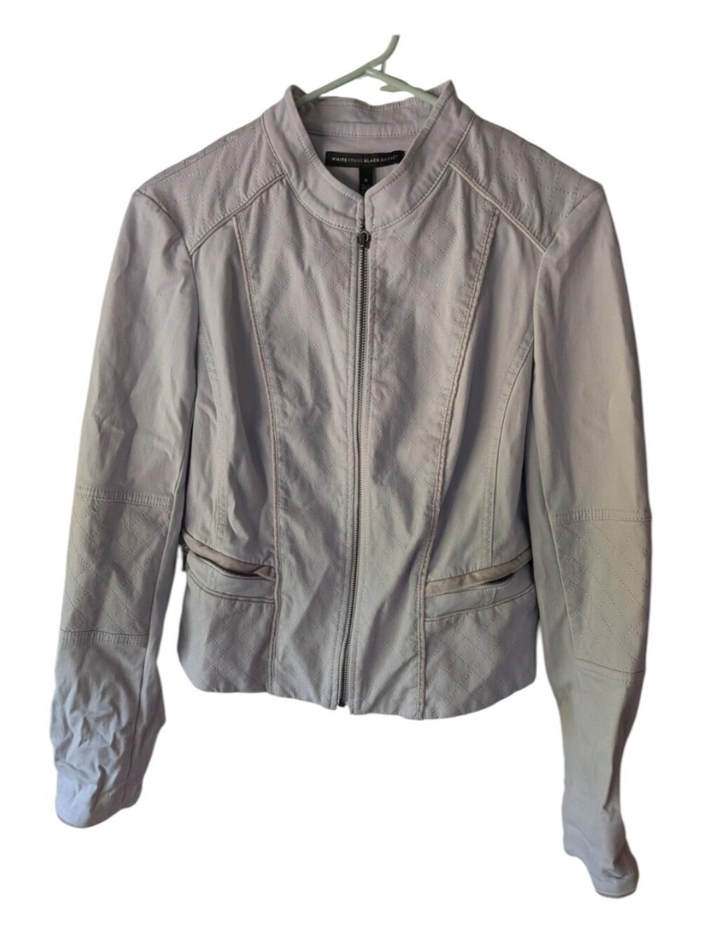 White House Black Market Lavender Grey Quilted Cotton Stretch Moto Jacket 8